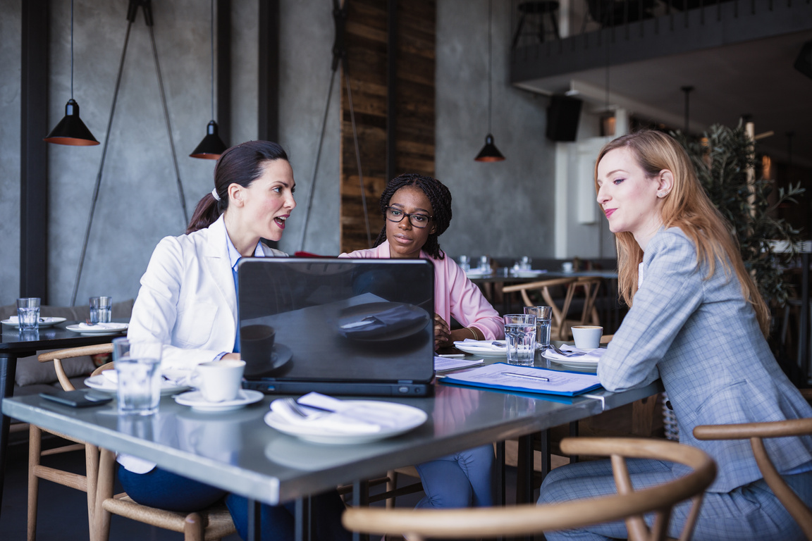 Saleswoman Pitching to a Client in a Restaurant 